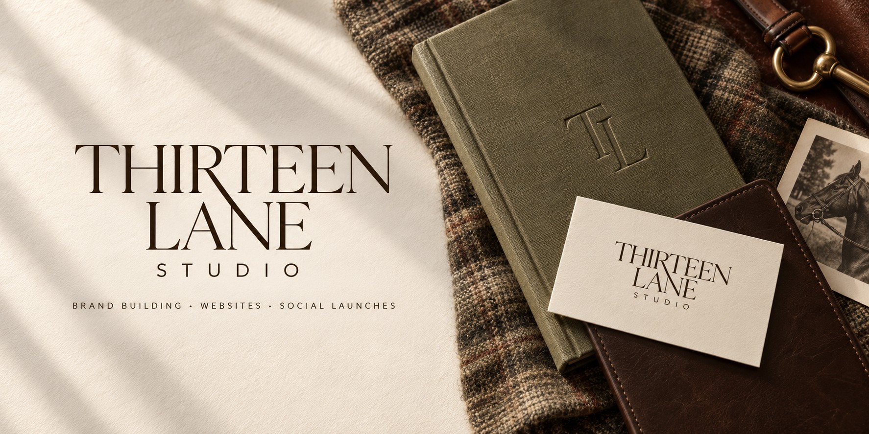 Thirteen Lane Studio identity with heritage plaid wool, olive linen, espresso leather and antique brass equestrian details
