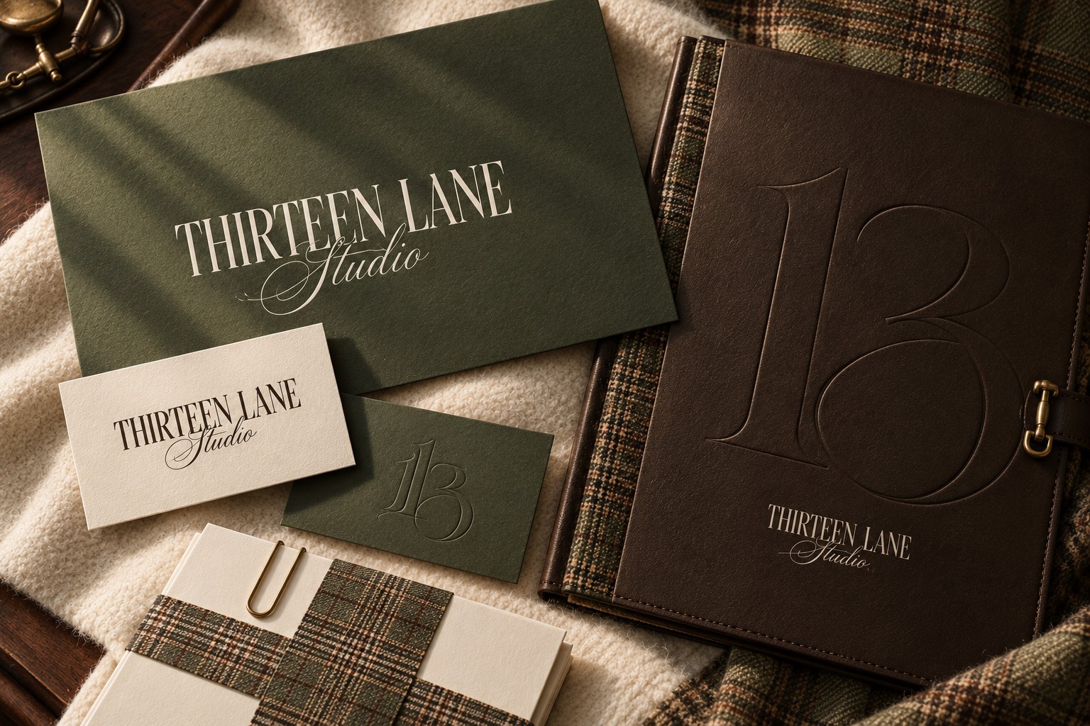 Thirteen Lane Studio olive, ivory and espresso stationery with tailored glen-check plaid and brass details