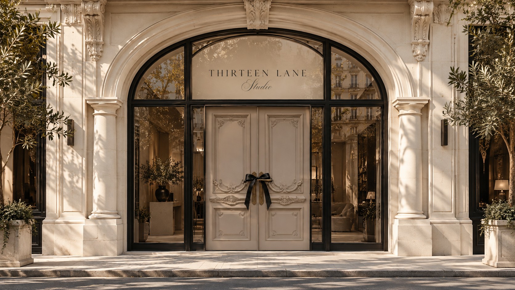 An imagined Thirteen Lane Studio exterior with a cream limestone arch, black framed glass and ornate cashmere doors tied with a black satin bow