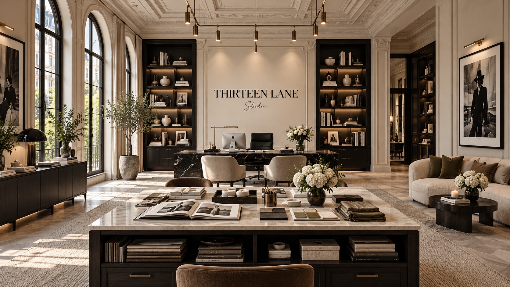 The imagined Thirteen Lane atelier with marble, ivory upholstery, olive accents and espresso cabinetry