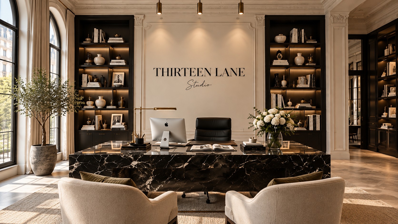 Thirteen Lane Studio’s imagined creative director office, with a black marble desk, cashmere chairs and espresso bookcases